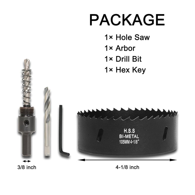 VIKITON 4-1/8 Inch Hole Saw with Arbor for Wood Metal Plastic, 4.1 in Bimetal Hole Cutter, Fast Chip Removal, Smooth Flat Drilling Edge, Lightweight & Portable (Black) - Image 3